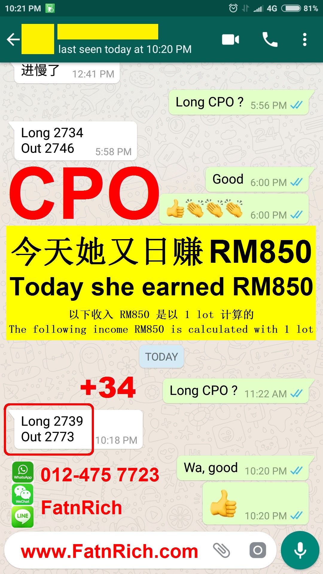 She earned RM850 today